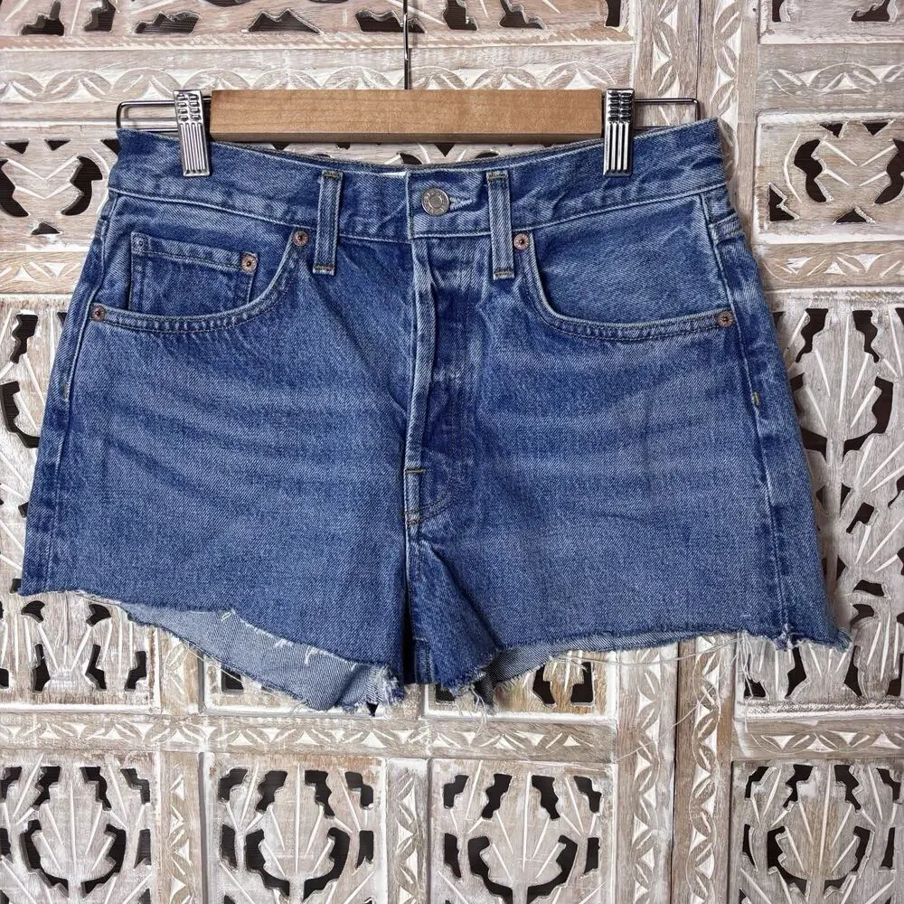 AGOLDE Parker High Waist Distressed Denim Cut Off Shorts Med Wash Blue Size 25